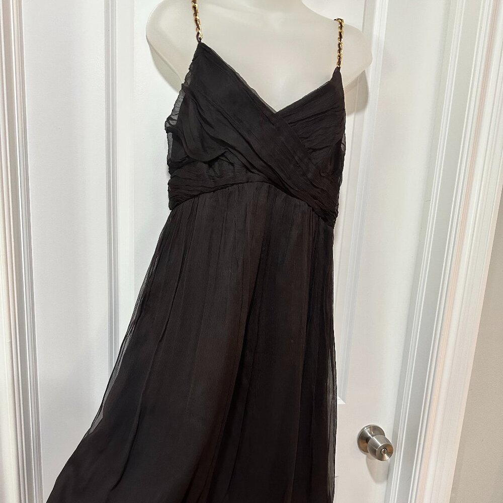 Zara Chocolate Brown 100% Silk Chiffon Dress w/Chain Spaghetti Straps, Size XL